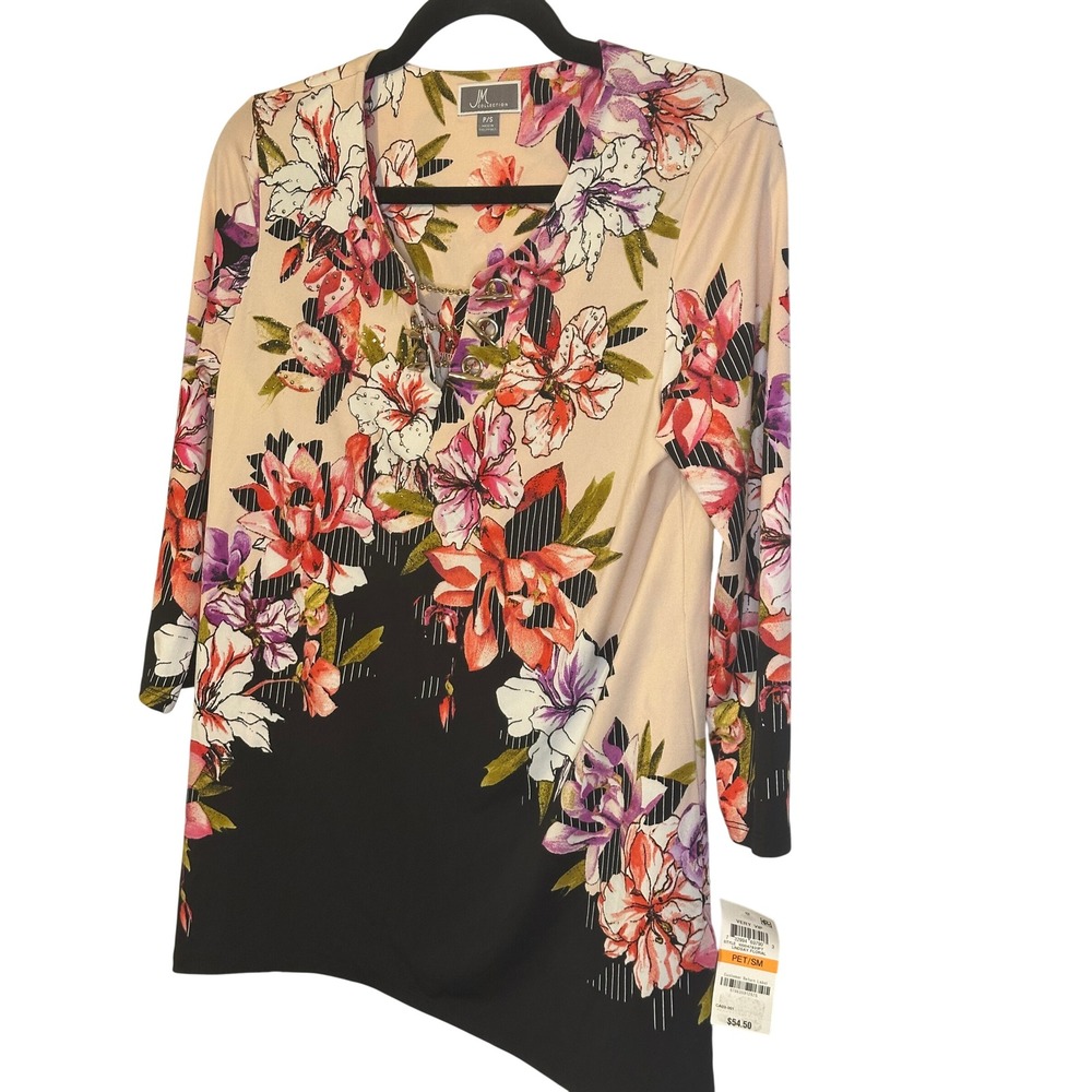 JM Collection Petite Sm Lindsay Floral Print V-Neck Asymmetrical Hem Tunic Top
